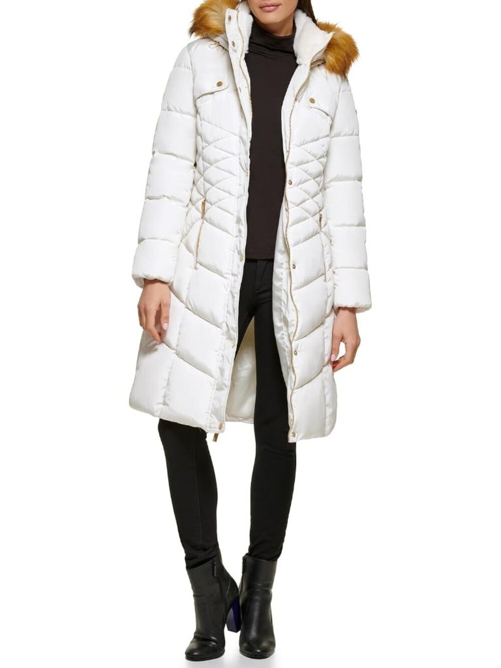 Guess Women's Hooded Milk Band Collar Long Sleeve Midweight Puffer Jackets